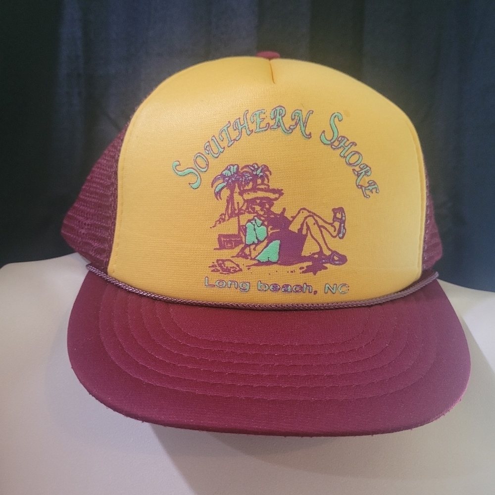 Cool Southern Shore Long Beach Vintage Trucker Adjustable Hat Marroon & Yellow